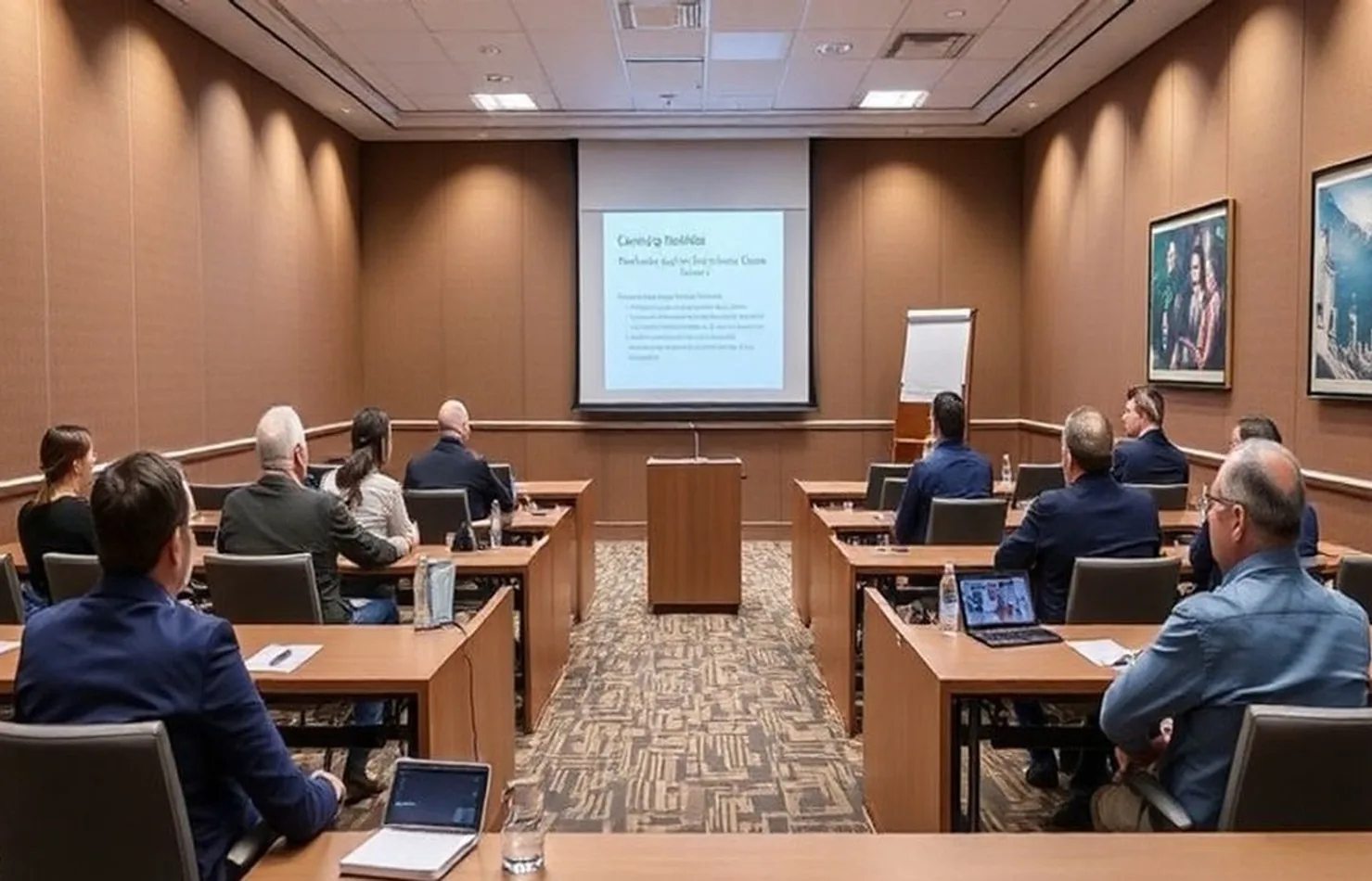 Compliance training seminar room with participants